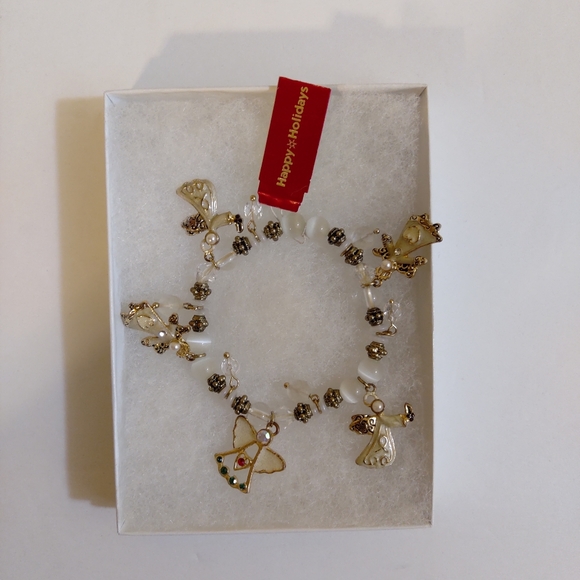NEW Gold Tone Angels  White Beads Charm Bracelet  Holiday - Picture 5 of 7